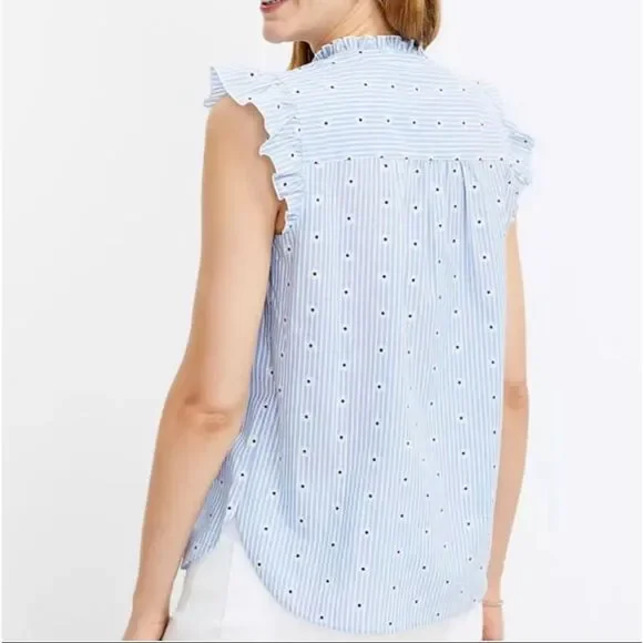 Loft Blue White Stripe Daisy Ruffle Button Front Top Women's Medium - Picture 10 of 10